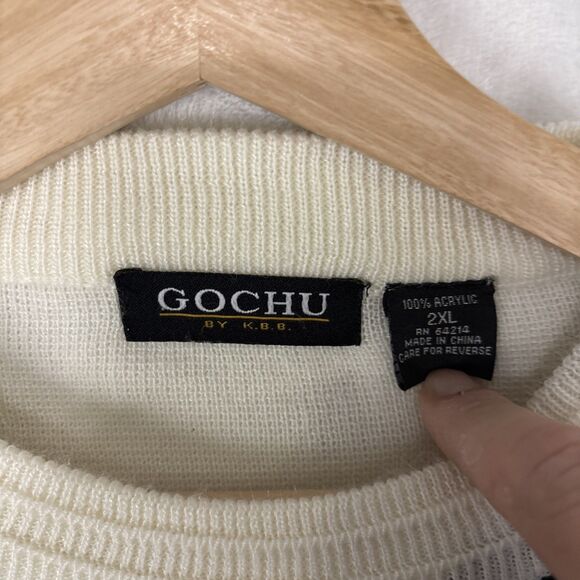 Gochu KBB Coogi Style 3D Knit Sweater Cream Biggie Retro Geometric Hip Hop 2XL - Picture 3 of 5